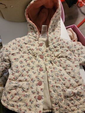 Nicole Miller Cream Quilted Hooded Puffer with Pink Floral Print